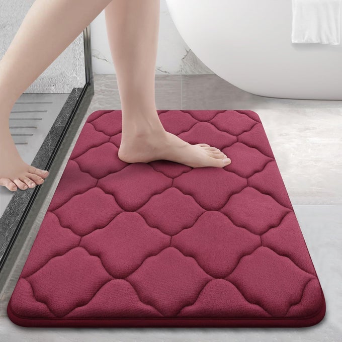 MEMORY FOAM BATH MAT RUG 24X16 SOFT AND ABSORBENT BATHROOM RUGS NONSLIP COMFORTABLE MACHINE WASHABLE BATH CARPET FOR BATHROOM FLOOR TUB SHOWER AND HOME DECOR ACCESSORIES BURGUNDY