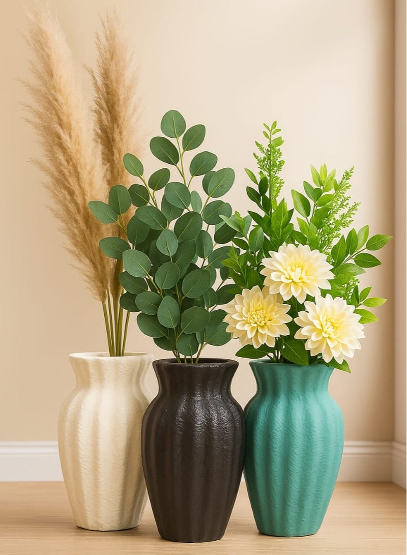 3-Piece Textured Decorative Vases Set – Handmade Modern Ceramic Look – Ideal For Pampas Grass, Artificial Flowers & Home Decor – White, Black & Teal – 35Cm
