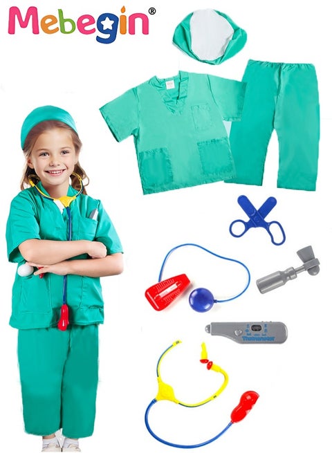 Doctor Costume Kit with Rich Accessaries, Doctor-themed Pretend Play Playset, Nurse Uniform Playset with Stethoscope Sphygmomanometer, Scissors and Other Tools, Suitable for Cosplay, Themed Parties and Family Game, Ideal Gift for Kids