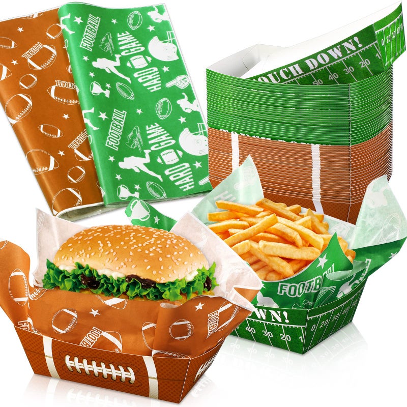 Pajean 100 Pcs Football Party Decoration 11 lb 50 Football Paper Food Serving Trays with 50 Grease Resistant Liner Papers for Birthday Party Supplies Sport Game Event Favors