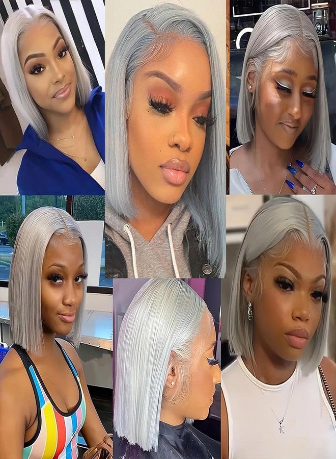 Smavida Pre Plucked HD Transparent 13X4 Straight Grey Blunt Cut Bob Human Hair Lace Frontal Wigs with Baby Hair Natural Hairline 100% Unprocessed Human Hair Grey Short Bob Wigs for Black Women Bleach Knots - Image 5
