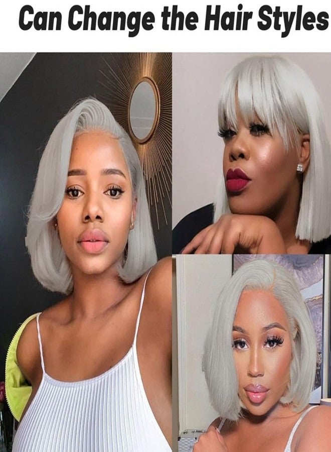 Smavida Pre Plucked HD Transparent 13X4 Straight Grey Blunt Cut Bob Human Hair Lace Frontal Wigs with Baby Hair Natural Hairline 100% Unprocessed Human Hair Grey Short Bob Wigs for Black Women Bleach Knots - Image 4