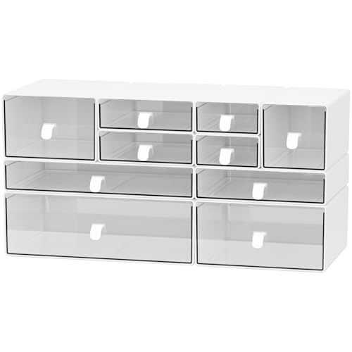 Yashong Desk Organizer Set White Clear Stackable Dustproof Storage Boxes for Desktop Office DIY Craft Vertical Space Saving Perfect for Makeup Stationery Jewelry Organization - Image 1
