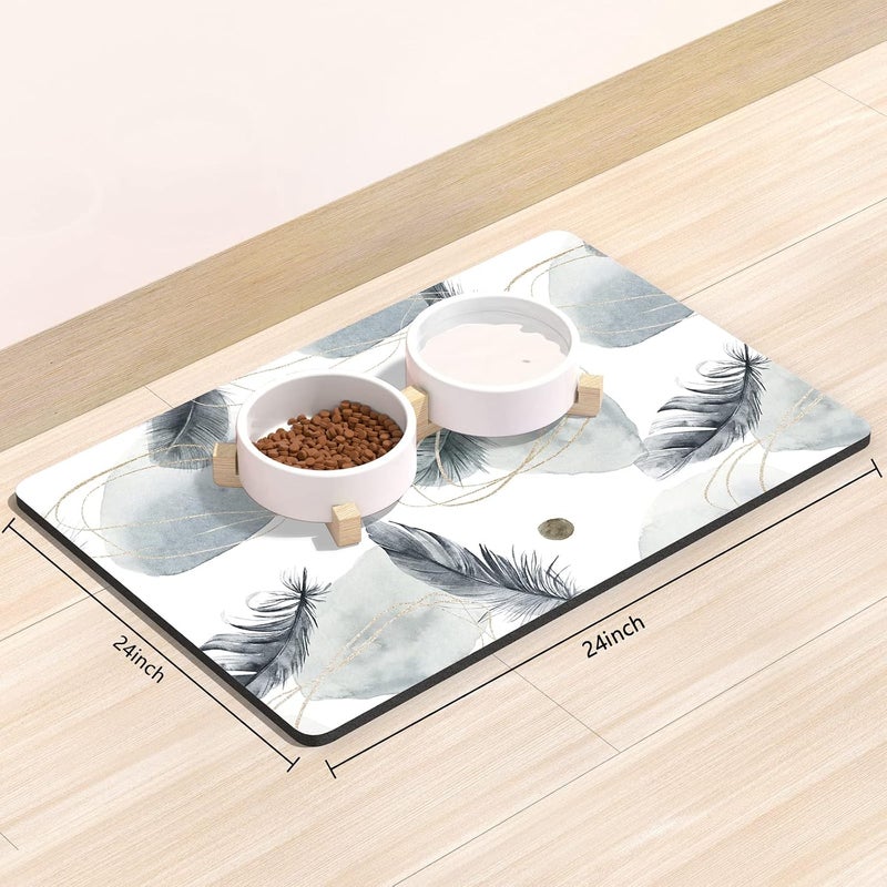 Rnivvi Dog Food Mat, 16" x 24" Absorbent Dog Cat Bowl Mat for Food and Water, Cute Anti-Slip Rubber Pet Feeding Rug Protect Floors, Puppy Placemat for Feeding & Watering Supplies, Abstract Plume - Image 2