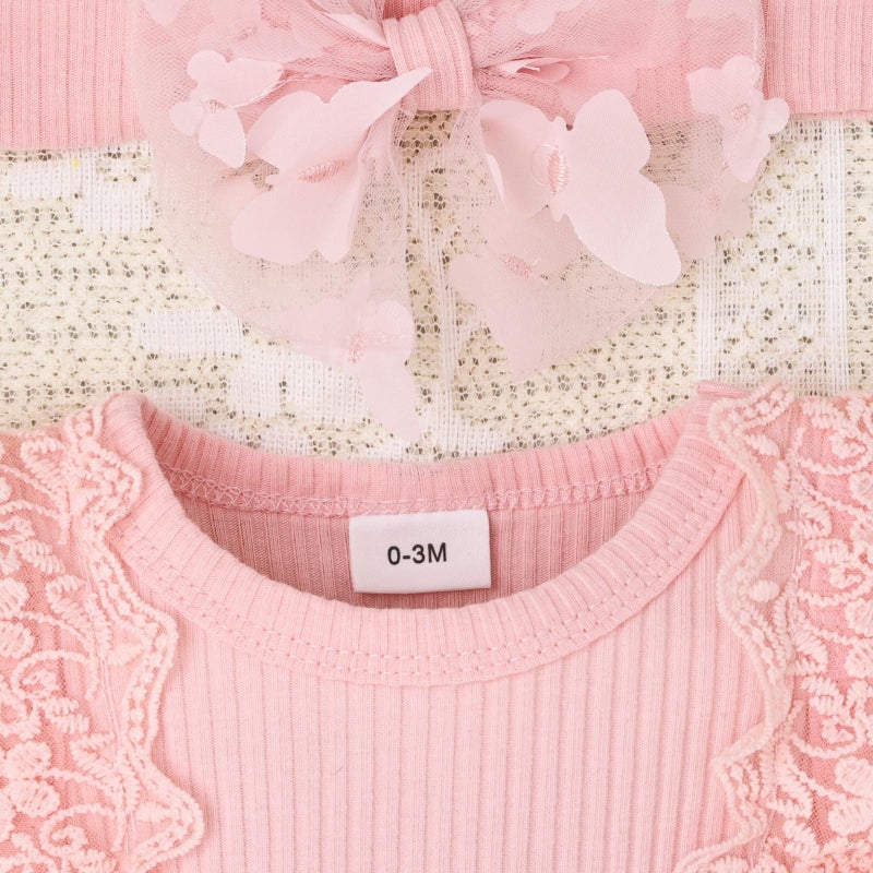 FOCICI Baby Girl Clothes 0-3 Months Summer Cute Newborn Outfits Sleeveless Lace One Piece Romper + Headband 2pcs Set Pink 0-3 Months - Image 5