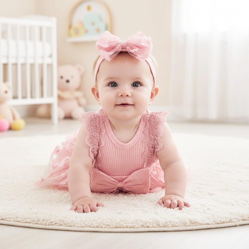 FOCICI Baby Girl Clothes 0-3 Months Summer Cute Newborn Outfits Sleeveless Lace One Piece Romper + Headband 2pcs Set Pink 0-3 Months - Image 3