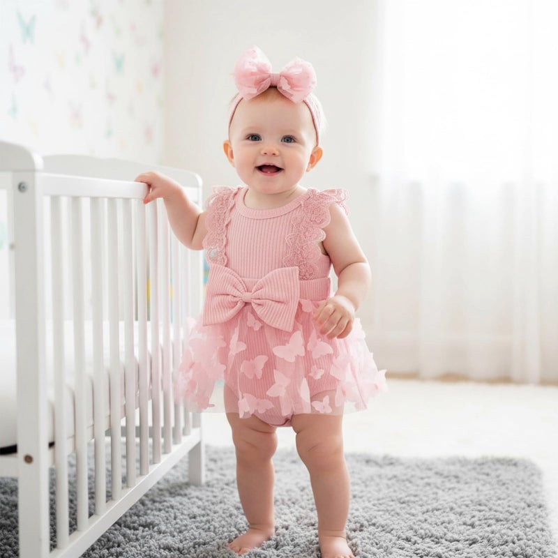 FOCICI Baby Girl Clothes 0-3 Months Summer Cute Newborn Outfits Sleeveless Lace One Piece Romper + Headband 2pcs Set Pink 0-3 Months - Image 2