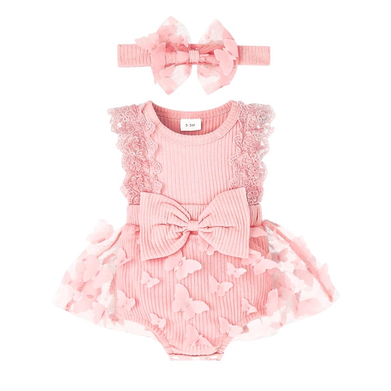 FOCICI Baby Girl Clothes 0-3 Months Summer Cute Newborn Outfits Sleeveless Lace One Piece Romper + Headband 2pcs Set Pink 0-3 Months - Image 1