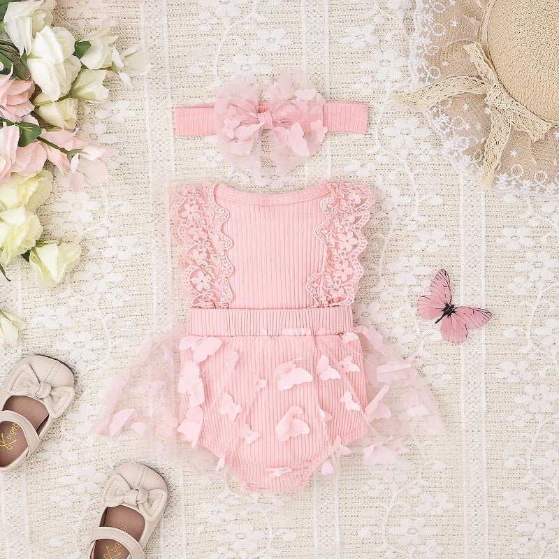 FOCICI Baby Girl Clothes 0-3 Months Summer Cute Newborn Outfits Sleeveless Lace One Piece Romper + Headband 2pcs Set Pink 0-3 Months - Image 4