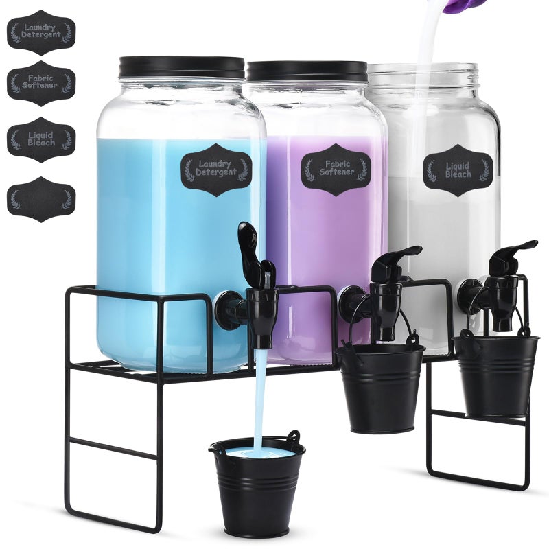 GADFISH Liquid Laundry Detergent Dispenser, Three 2.2L Laundry Detergent Dispenser Glass Jar for Liquid Detergent, Fabric Softener- Laundry Soap Dispenser for Laundry Room Organization - Image 1