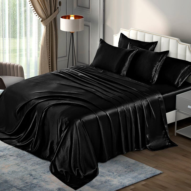 P Pothuiny 6 Pieces Queen Satin Sheets Luxury Silky Black Satin Bedding Sheet Set, 1 Deep Pocket Fitted Sheet + 1 Flat Sheet + 4 Pillow Cases - Image 1