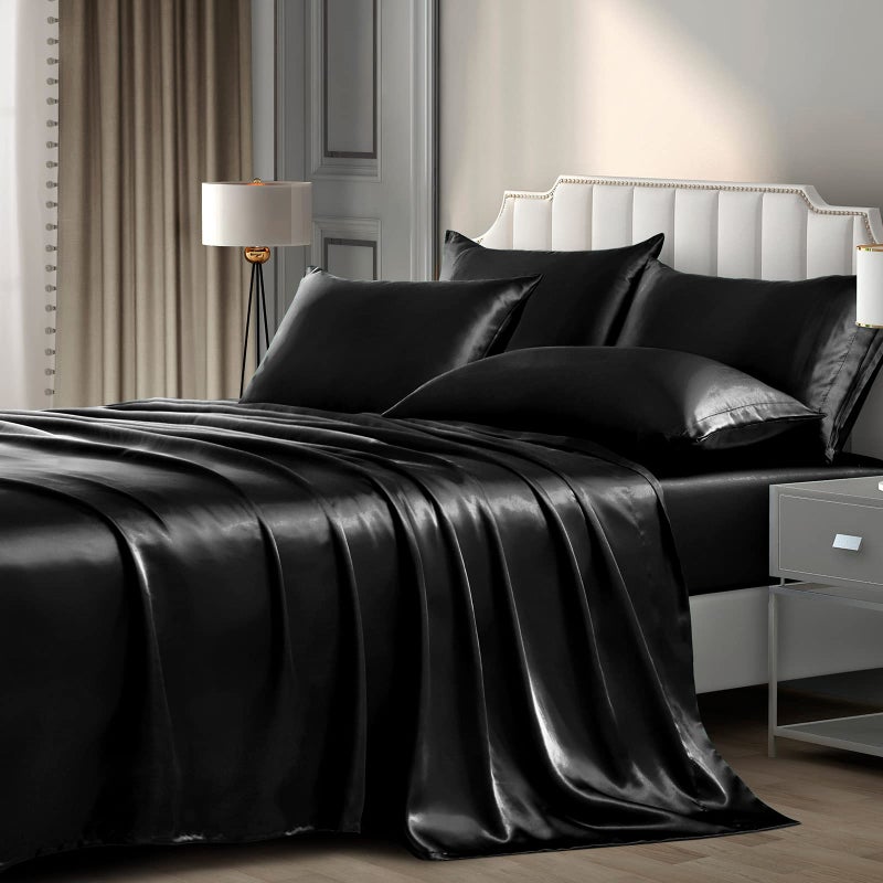 P Pothuiny 6 Pieces Queen Satin Sheets Luxury Silky Black Satin Bedding Sheet Set, 1 Deep Pocket Fitted Sheet + 1 Flat Sheet + 4 Pillow Cases - Image 2