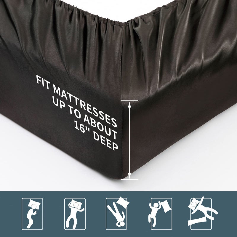 P Pothuiny 6 Pieces Queen Satin Sheets Luxury Silky Black Satin Bedding Sheet Set, 1 Deep Pocket Fitted Sheet + 1 Flat Sheet + 4 Pillow Cases - Image 4