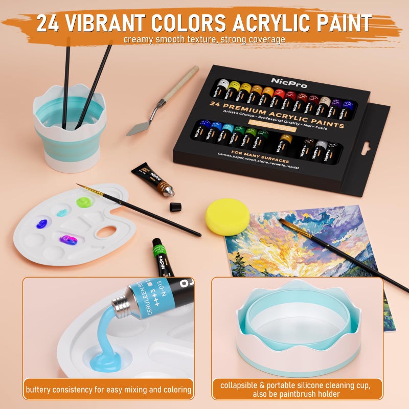 Nicpro 68PCS Acrylic Paint Canvas Set for Adults, Art Painting Supplies Kit with 24 Acrylic Paints,Table Easel,8 Canvas Panels,12 Brushes,Paper Pad,Cleaning Cup, Sponge, Palette for Beginner Artist - Image 4