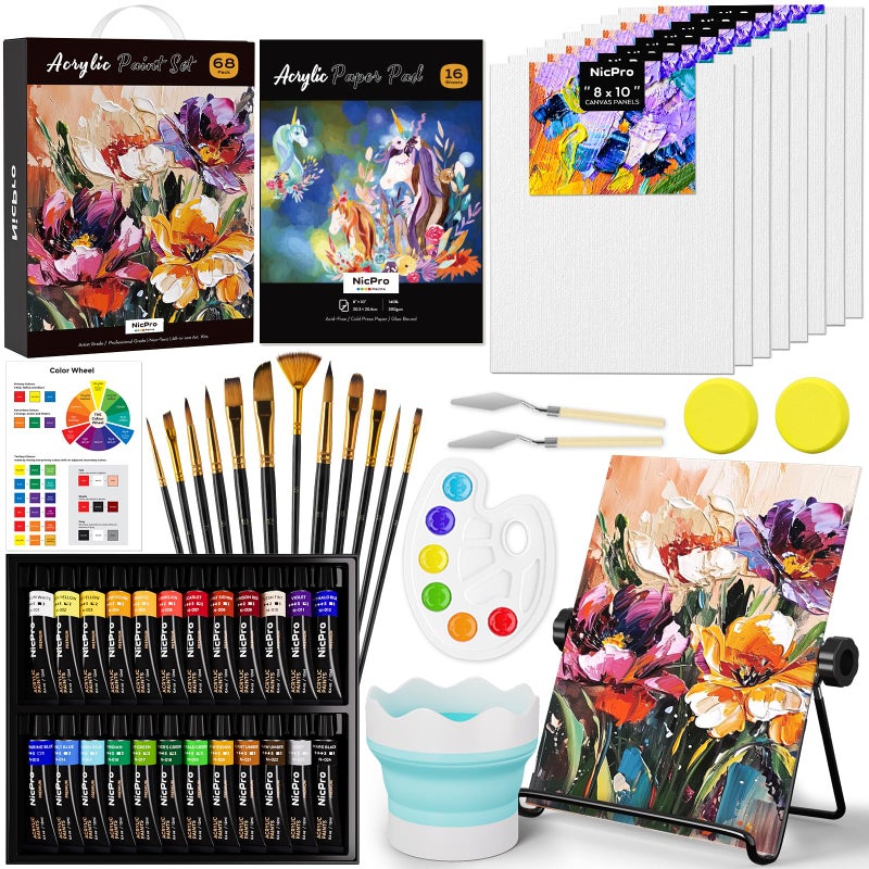 Nicpro 68PCS Acrylic Paint Canvas Set for Adults, Art Painting Supplies Kit with 24 Acrylic Paints,Table Easel,8 Canvas Panels,12 Brushes,Paper Pad,Cleaning Cup, Sponge, Palette for Beginner Artist - Image 1