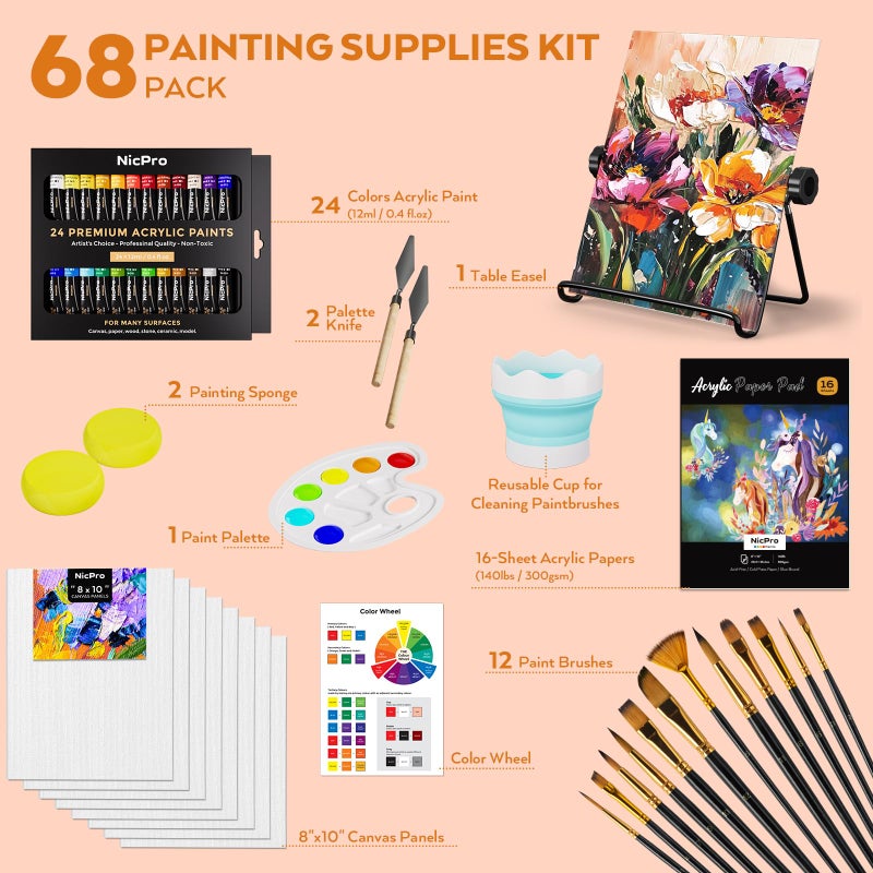 Nicpro 68PCS Acrylic Paint Canvas Set for Adults, Art Painting Supplies Kit with 24 Acrylic Paints,Table Easel,8 Canvas Panels,12 Brushes,Paper Pad,Cleaning Cup, Sponge, Palette for Beginner Artist - Image 2