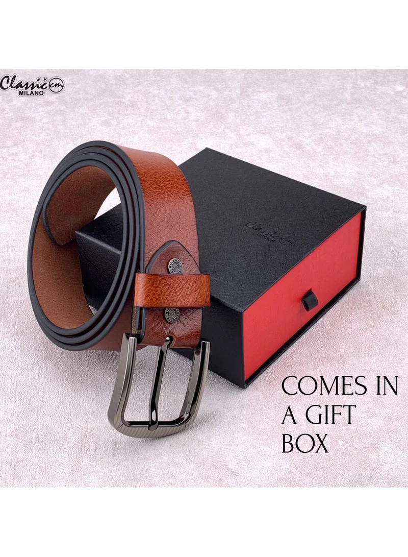 Classic Milano Tan (HQPL-403) Classic Milano Genuine Leather Belt for Men - Semi-Casual Men's Belt & Party Wear Jeans Belt, Casual Outfits Waist Belt, Men Belts with Gift Box for Men | Best Price UAE