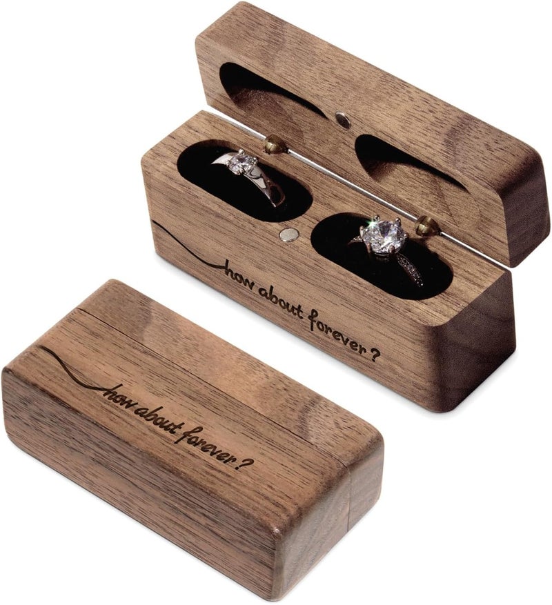 Wislist Wooden Engraved Ring Box for Proposal Wedding Ceremony 2 Ring Holder Village Fashion Jewelry Box(How about forever) - Image 1