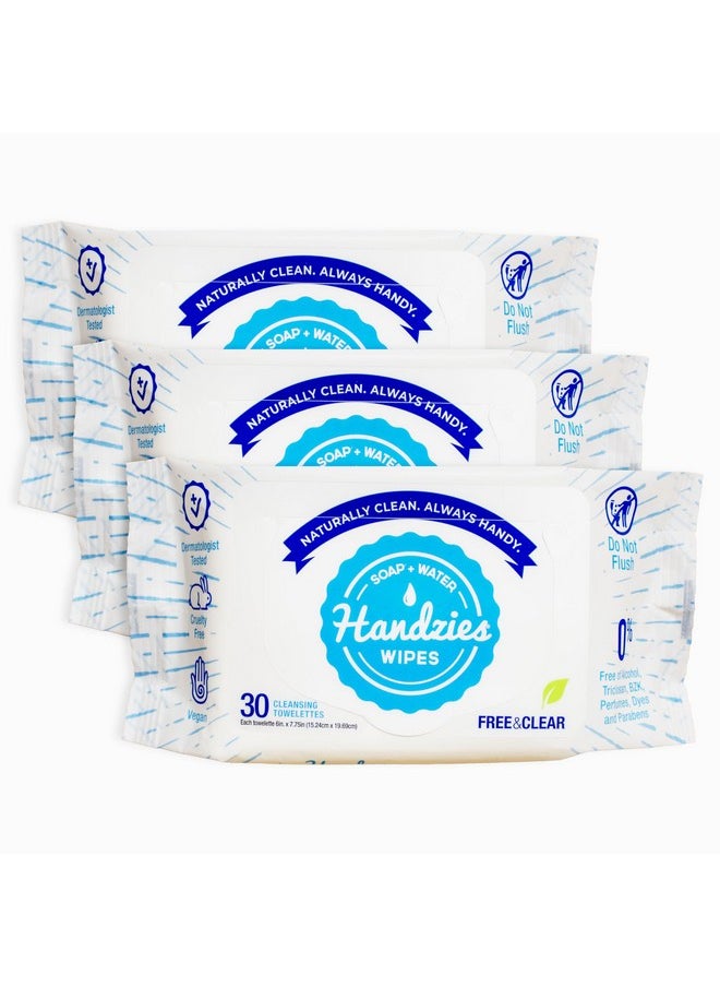 Handzies Handzies Alcohol-Free Natural Soap and Water Cleansing Towelettes - Free&Clear - 30ct soft pouch - Pack of 3 (90 total towelettes)  - Image 1