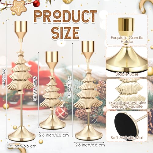 Ziliny 3 Pcs Christmas Tree Taper Candle Holders 3 Size Gold Christmas Candlestick Holders Xmas Candle Holder Vintage Decorative for Table Centerpiece Mantel Decor Holiday Housewarming Gifts - Image 3