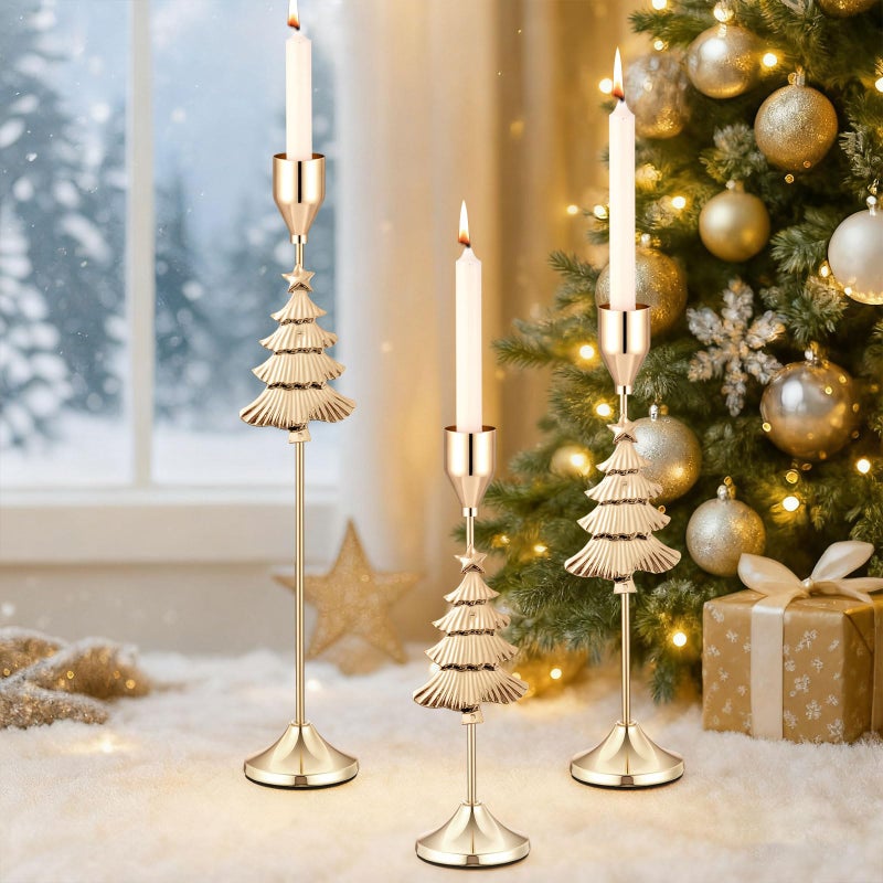 Ziliny 3 Pcs Christmas Tree Taper Candle Holders 3 Size Gold Christmas Candlestick Holders Xmas Candle Holder Vintage Decorative for Table Centerpiece Mantel Decor Holiday Housewarming Gifts - Image 2