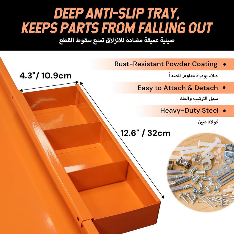 Atrisec 3 Tier Rolling Tool Cart - Heavy Duty Steel Service Cart with Side Storage Organizer & Screwdriver Holder – 400 LBS Load Capacity Metal Utility Trolley for Garage, Orange - Image 5