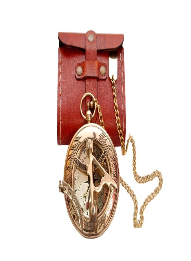 BAZROSS Vintage Brass Sundial Compass with Leather Case – Antique Nautical Marine Pocket Compass, Classic Navigation Tool for Hiking Camping, Unique Gift for Men, Father, Husband & Explorer - Image 1
