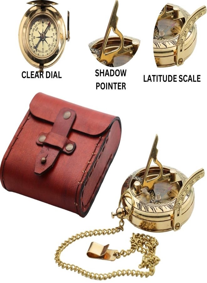 BAZROSS Vintage Brass Sundial Compass with Leather Case – Antique Nautical Marine Pocket Compass, Classic Navigation Tool for Hiking Camping, Unique Gift for Men, Father, Husband & Explorer - Image 4