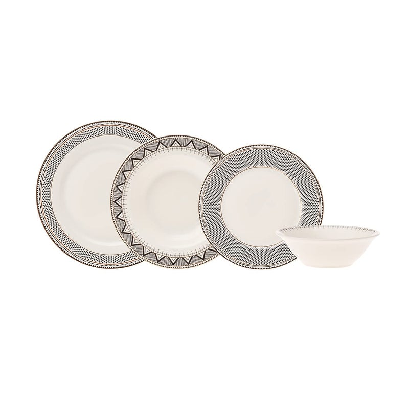 Karaca Globe 24-Piece Dinnerware Set for 6 People - Kitchen Dish Set for Salad, Soup, Pasta, Noodle & More - Modern Chic Porcelain Dishware Plate Set (White with Black Triangle Design) - Image 1