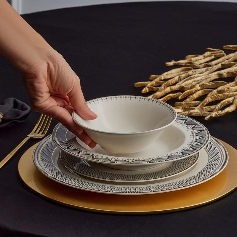 Karaca Globe 24-Piece Dinnerware Set for 6 People - Kitchen Dish Set for Salad, Soup, Pasta, Noodle & More - Modern Chic Porcelain Dishware Plate Set (White with Black Triangle Design) - Image 2