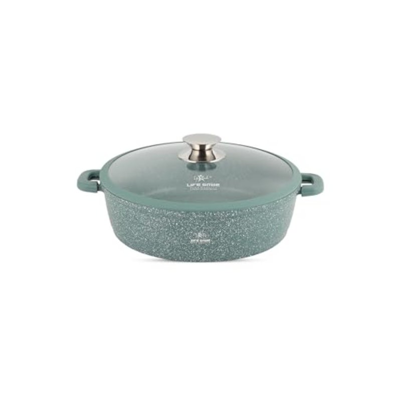 Shallow Pot - Multi Layer Non Stick Granite Coating 100% PFOA Free - Glass Lid With Silicone Rim - Detachable Silicone Handles - Oven Safe Frying Pan Green, 28CM (3.9 Liters ) - Image 1