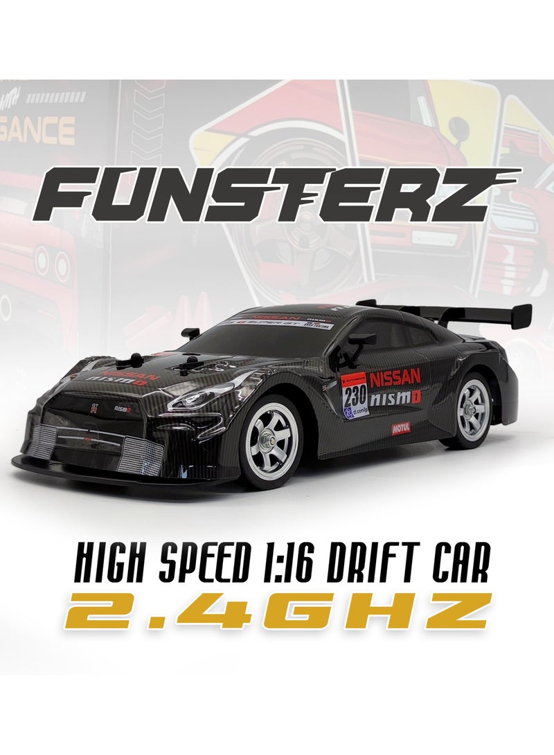 فونسترز سيارة فانسترز دريفت سيريز رباعية الدفع، بمقياس 1:16، مزودة بمصابيح LED وبطارية قابلة لإعادة الشحن، لون أسود - طراز نيسان جي تي-آر نيسمو - Image 4