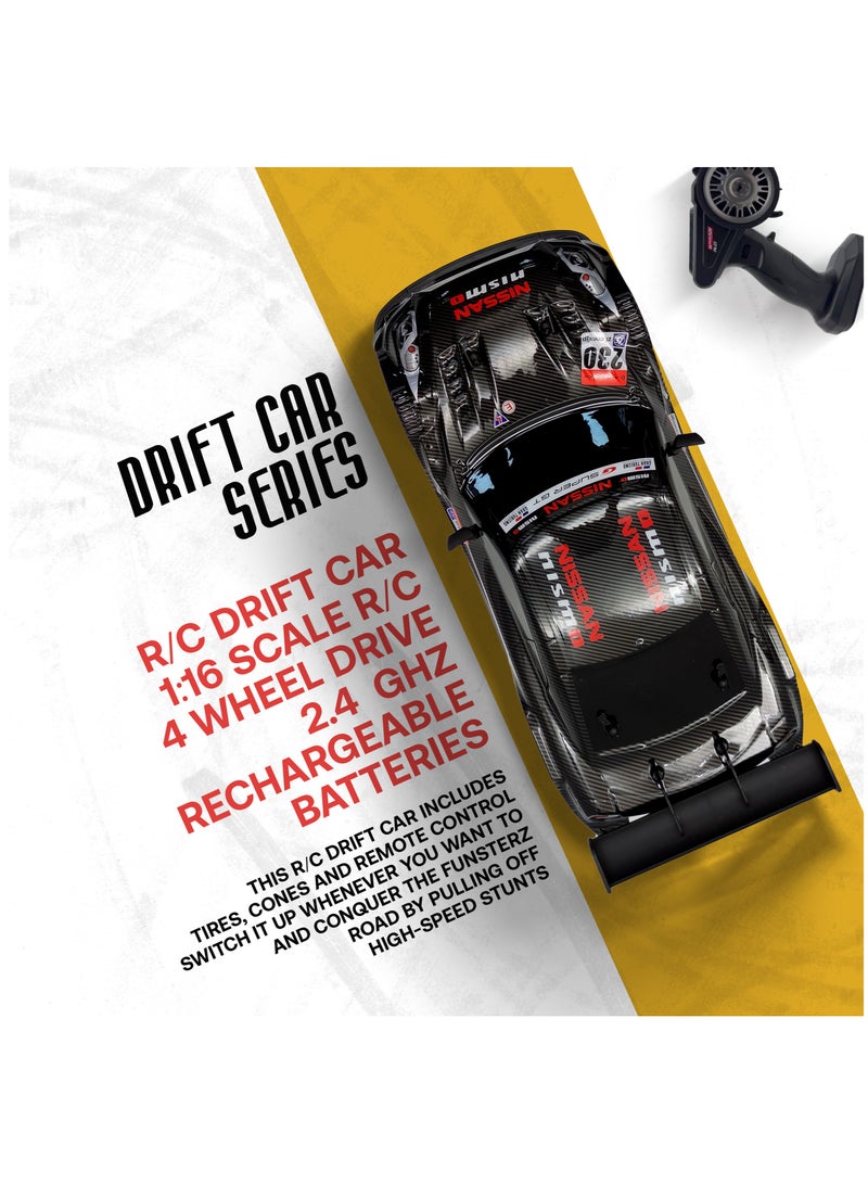 فونسترز سيارة فانسترز دريفت سيريز رباعية الدفع، بمقياس 1:16، مزودة بمصابيح LED وبطارية قابلة لإعادة الشحن، لون أسود - طراز نيسان جي تي-آر نيسمو - Image 2