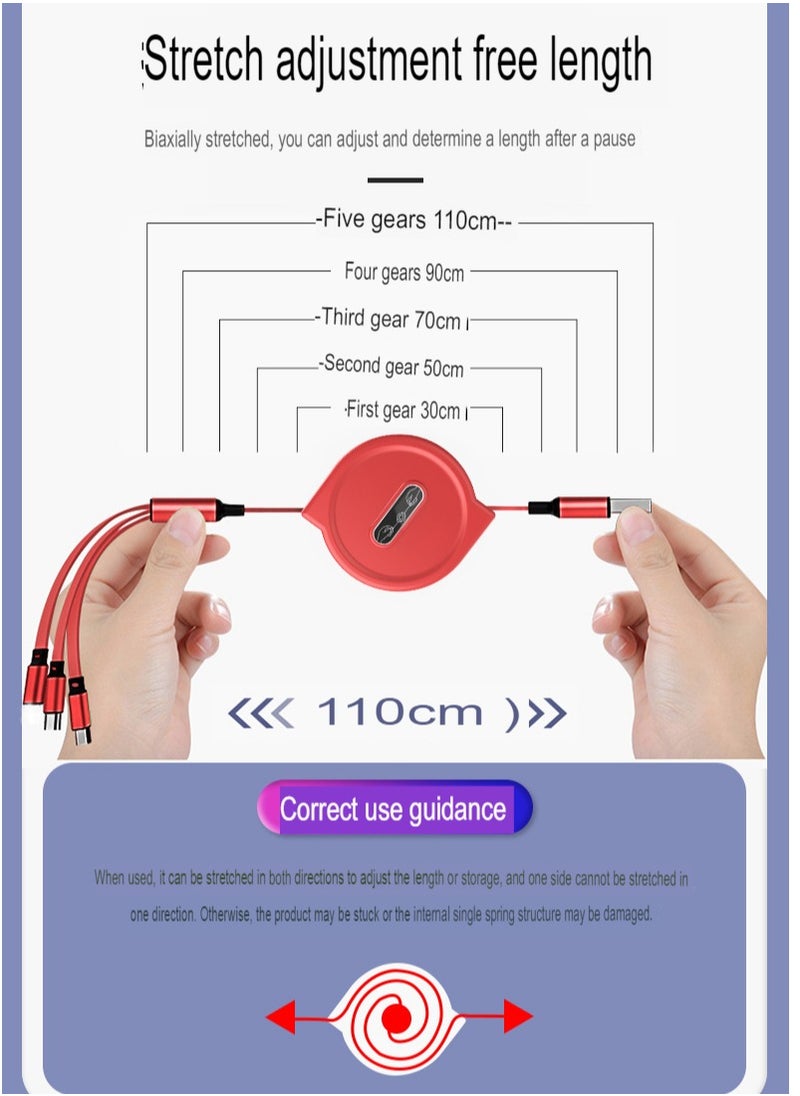 3-in-1 Double-pull Charging Cable, Retractable USB Charging Cable, Fast Charging USB-a To Type-c/micro-USB/lightning, Compatible With Iphone Ipad Samsung Huawei Xiaomi Oppo. (Black)
