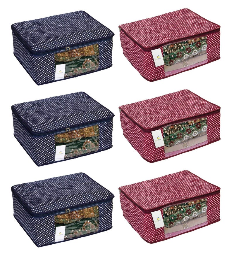 Homestrap Cotton Quilted Large Saree Cover/Wardrobe Organiser - Navy Blue & Maroon - Pack of 6 - Image 1