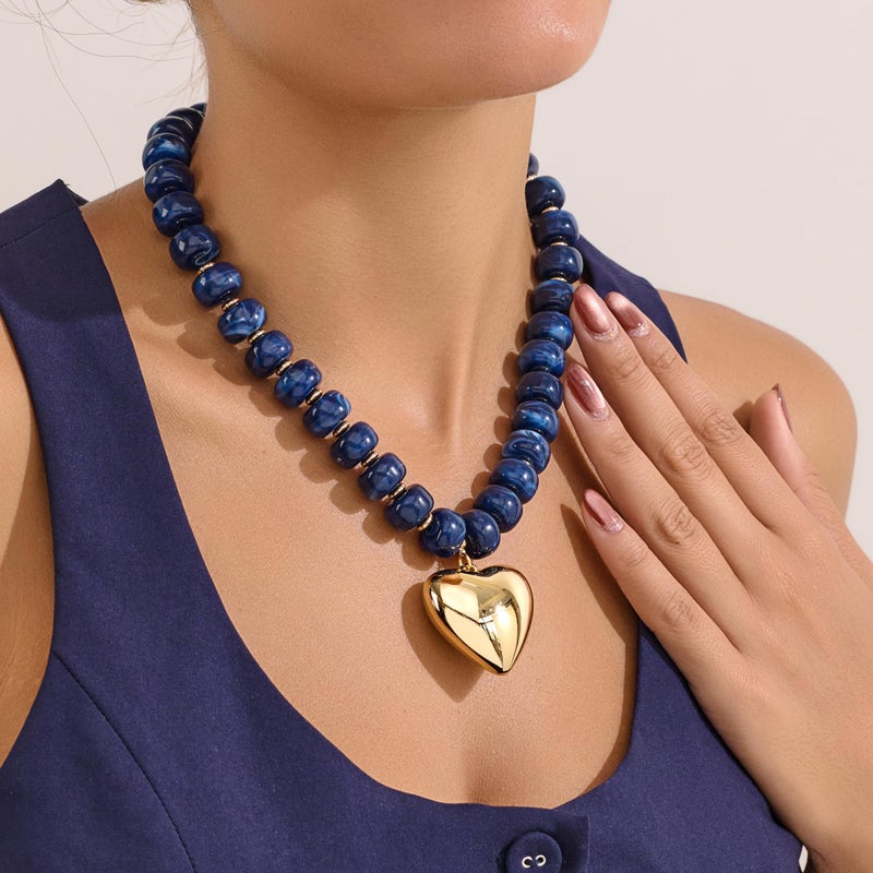WOWORAMA Blue Beaded Heart Necklace for Women Navy Blue Resin Beads Statement Necklace Boho Chunky Puffy Heart Choker Necklaces Trendy Acrylic Jewelry - Image 4