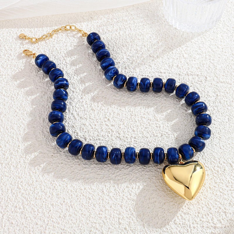 WOWORAMA Blue Beaded Heart Necklace for Women Navy Blue Resin Beads Statement Necklace Boho Chunky Puffy Heart Choker Necklaces Trendy Acrylic Jewelry - Image 5
