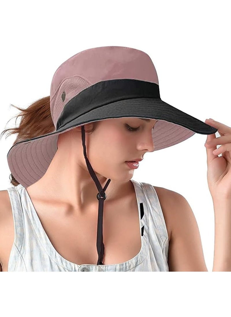 Goolsky Ponytail Sun Bucket Hats for Women UV Protection Foldable Mesh Wide Brim Hiking Beach Fishing Summer Safari  - Image 1