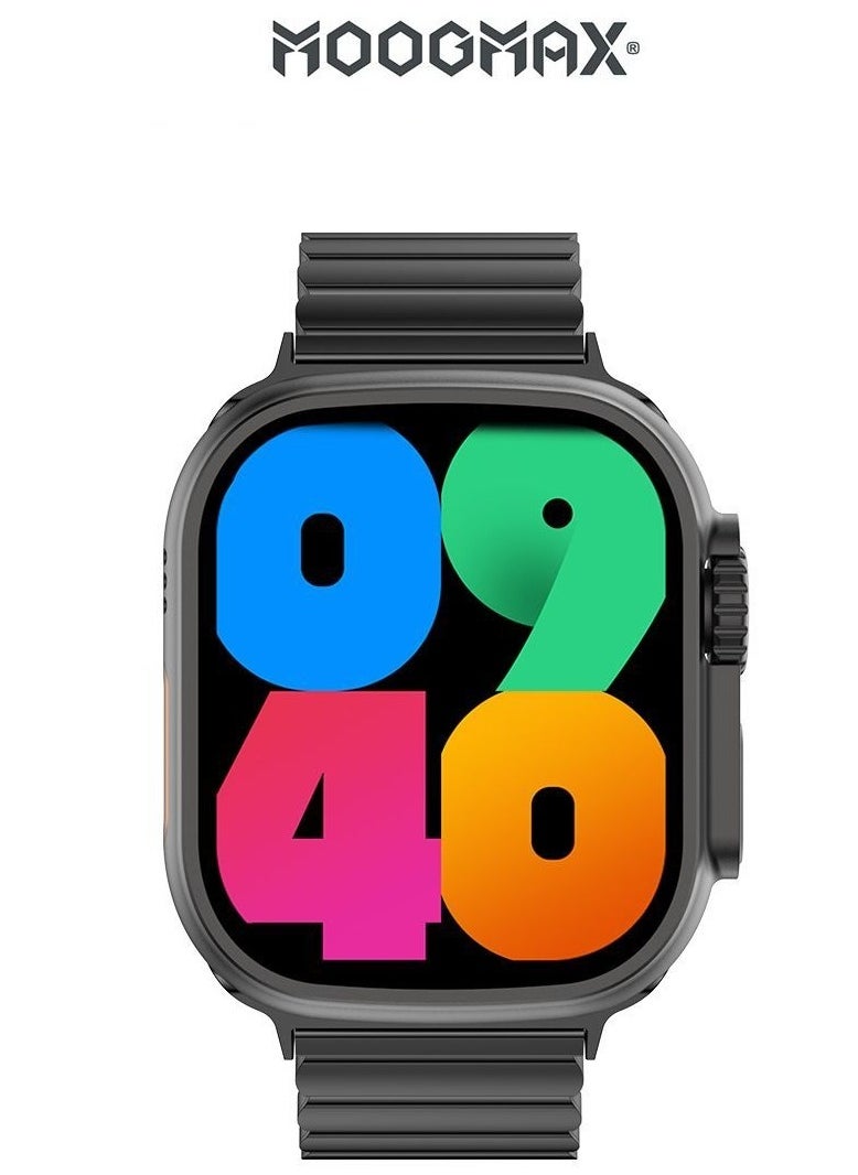 MOOGMAX - MoogMax (2nd Gen) ultra watch. IPX6 Water-resistant watch ultra. Smart touch watch with gesture-based call answering & answering from the watch using the built-in mic. smart watch ultra with a watch mobile app. Smart sports watch with all fitness measurements. smartwatch with wireless charging. Black - Image 1