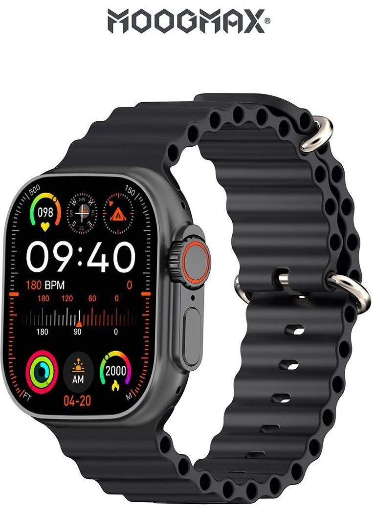 MOOGMAX - MoogMax (2nd Gen) ultra watch. IPX6 Water-resistant watch ultra. Smart touch watch with gesture-based call answering & answering from the watch using the built-in mic. smart watch ultra with a watch mobile app. Smart sports watch with all fitness measurements. smartwatch with wireless charging. Black - Image 1
