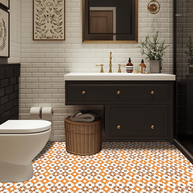 HOMETITUTE 10PCS Peel and Stick PVC Floor Tile Stickers, Retro Orange Floral Pattern Vinyl Flooring Decals for Bathroom Kitchen Laundry Room Decor, 12x12 Inch Waterproof Self-Adhesive Tiles - Image 4