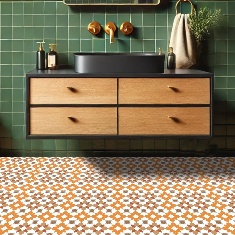 HOMETITUTE 10PCS Peel and Stick PVC Floor Tile Stickers, Retro Orange Floral Pattern Vinyl Flooring Decals for Bathroom Kitchen Laundry Room Decor, 12x12 Inch Waterproof Self-Adhesive Tiles - Image 5