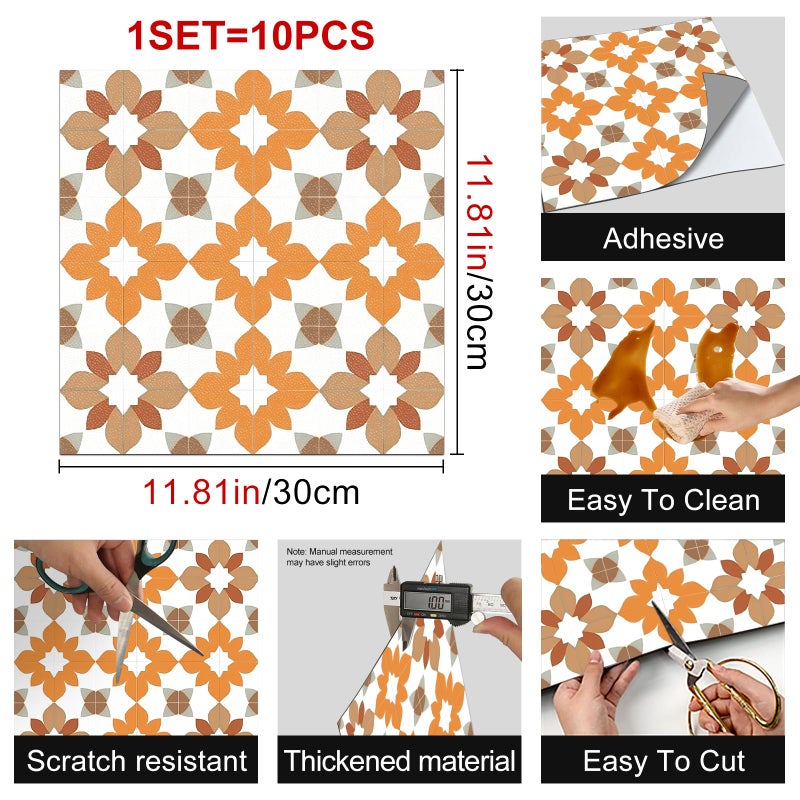 HOMETITUTE 10PCS Peel and Stick PVC Floor Tile Stickers, Retro Orange Floral Pattern Vinyl Flooring Decals for Bathroom Kitchen Laundry Room Decor, 12x12 Inch Waterproof Self-Adhesive Tiles - Image 3