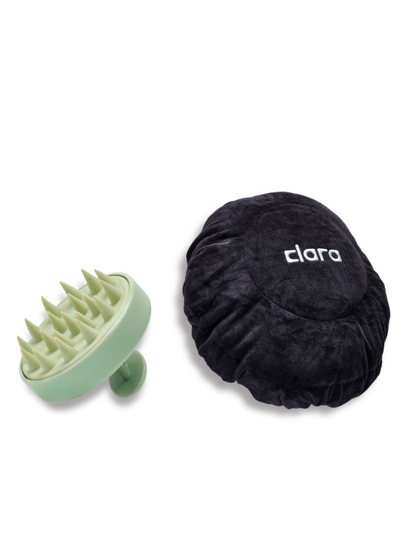 CLARA The Hair Care Bundle – CLARA Black Microwave Heat Cap with Flax Seeds & Green Silicone Scalp Massager Brush - Image 1