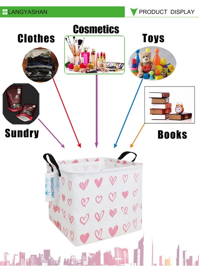 LANGYASHAN Square Storage Baskets Waterproof Canvas Children Laundry Nursery Hamper for Shelves Gift Baskets Toy Organizer Room Decor (Square Pink Heart) - Image 5