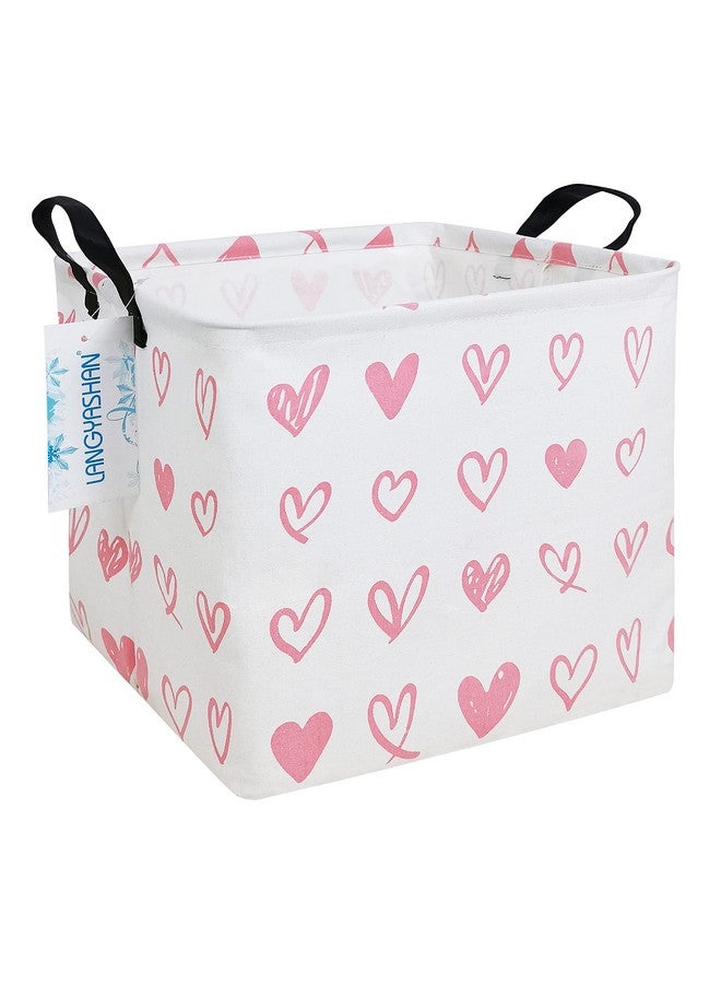 LANGYASHAN Square Storage Baskets Waterproof Canvas Children Laundry Nursery Hamper for Shelves Gift Baskets Toy Organizer Room Decor (Square Pink Heart) - Image 1