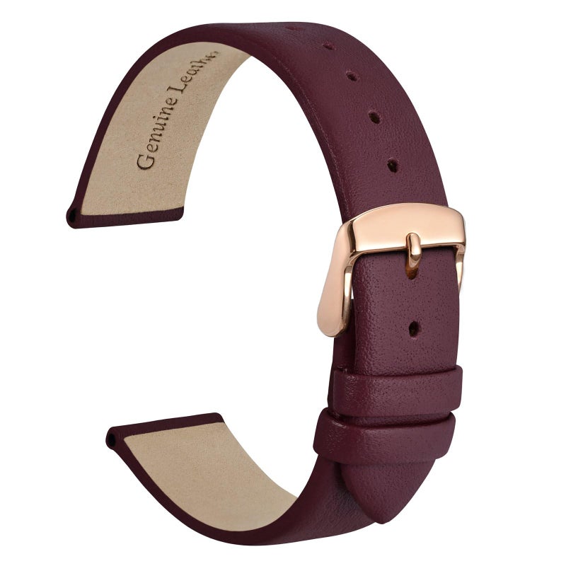 WOCCI 14mm Lug Width, Elegant Watch Band, Genuine Leather Replacement Strap with Rose Gold Buckle (Dark Plum) - Image 1