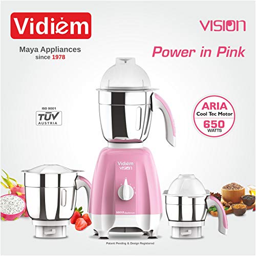 Vidiem Acrylonitrile Butadiene Styrene Mixer Grinder (Pink) 580 A Vision | Mixer Grinder 650 Watt With 3 Leakproof Jars With Self-Lock For Wet & Dry Spices, Chutneys & Curries | 5 Years Warranty - Image 2