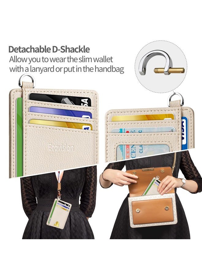 EcoVision Slim Minimalist Front Pocket Wallet, RFID Blocking Credit Card Holder Wallet with Detachable D-Shackle for Men Women, Litchi Beige, S - Image 3