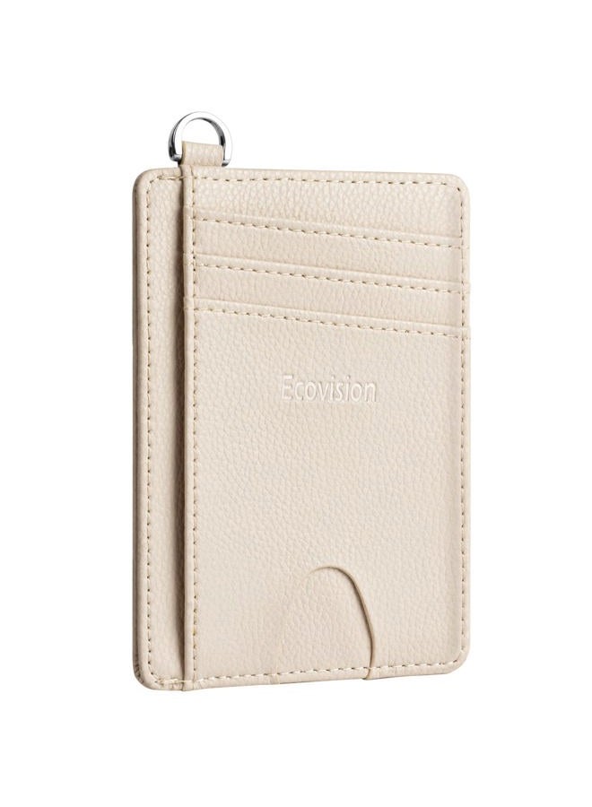 EcoVision Slim Minimalist Front Pocket Wallet, RFID Blocking Credit Card Holder Wallet with Detachable D-Shackle for Men Women, Litchi Beige, S - Image 1